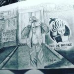 A drawing of a man standing outside a gate in a fence topped with barbed wire. On his hat is the word "free".  A sign on the fence reads "Knowledge is Freedom". On the right side of the image is the Inside Books Project Logo